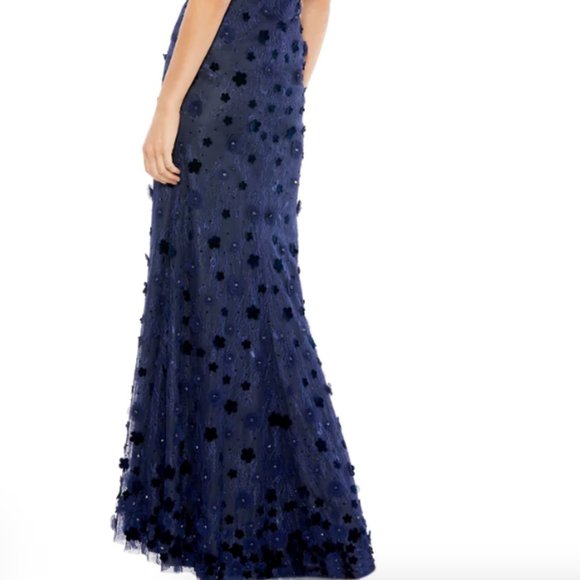 MAC DUGGAL FLORAL APPLIQUE FLUTTER SLEEVE MIDNIHGT NAVY GOWN sz 16 - Picture 5 of 5